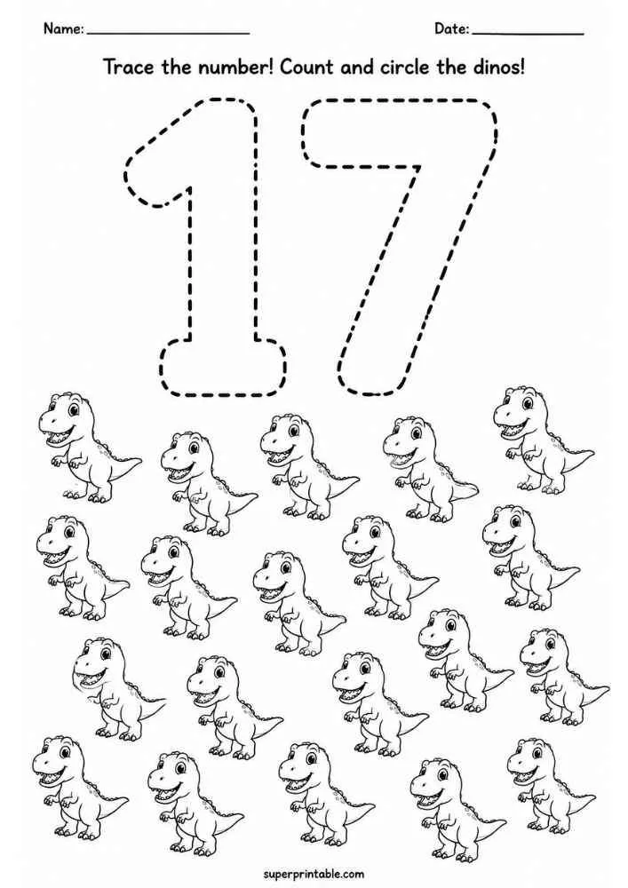 Number 17 tracing worksheet with seventeen T-Rex dinosaurs and counting instructions.