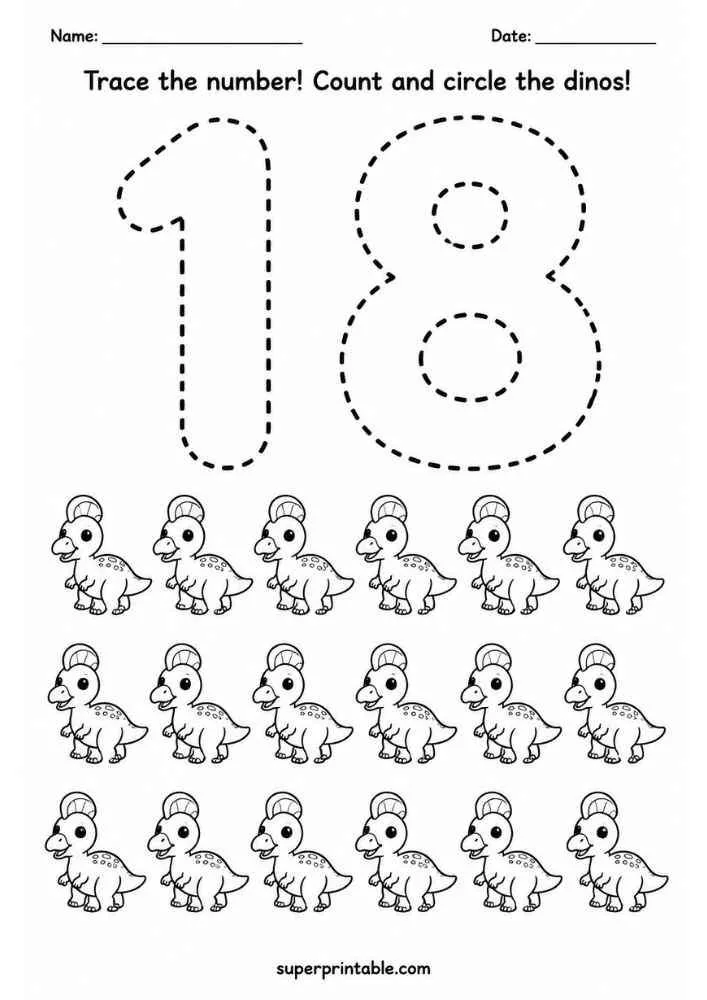 Number 18 tracing worksheet with eighteen Parasaurolophus dinosaurs and counting instructions.