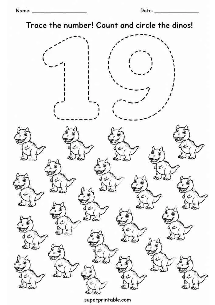 Number 19 tracing worksheet with nineteen Carnotaurus dinosaurs and counting instructions.