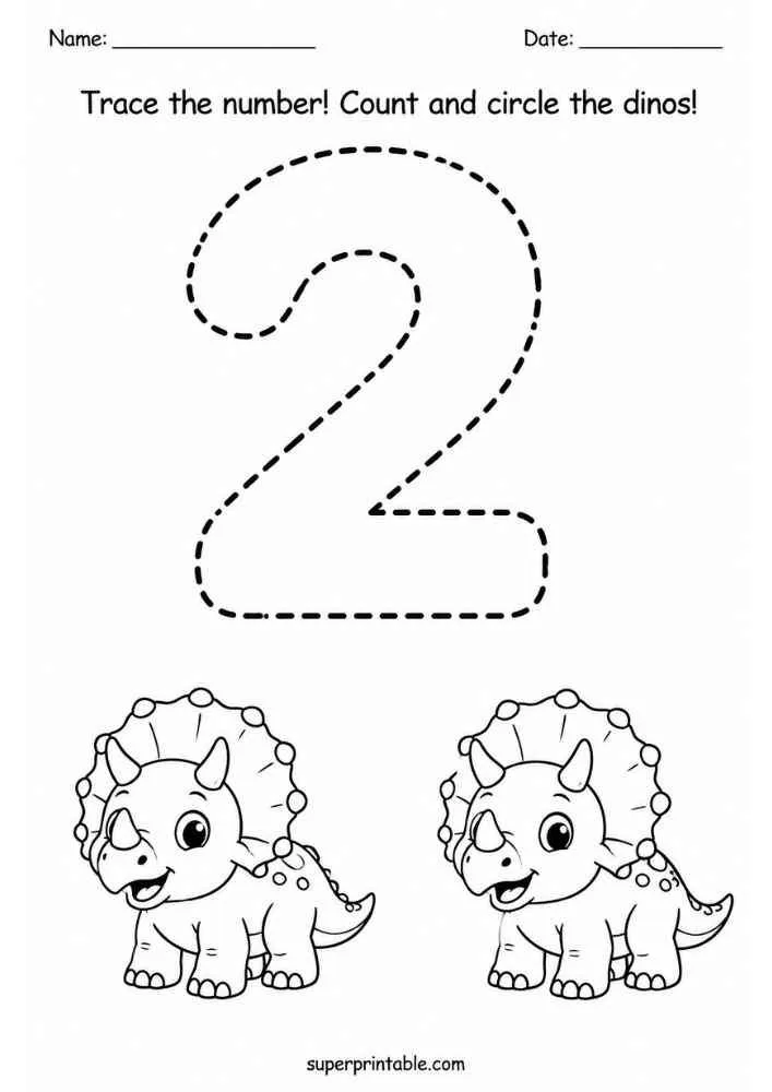 Number 2 tracing worksheet with two Triceratops dinosaurs, name and date lines, and counting instructions.