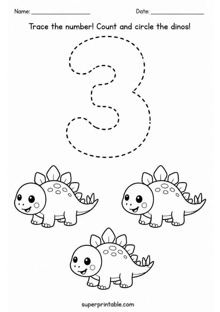 Number 3 tracing worksheet with three Stegosaurus dinosaurs, name and date lines, and counting instructions.