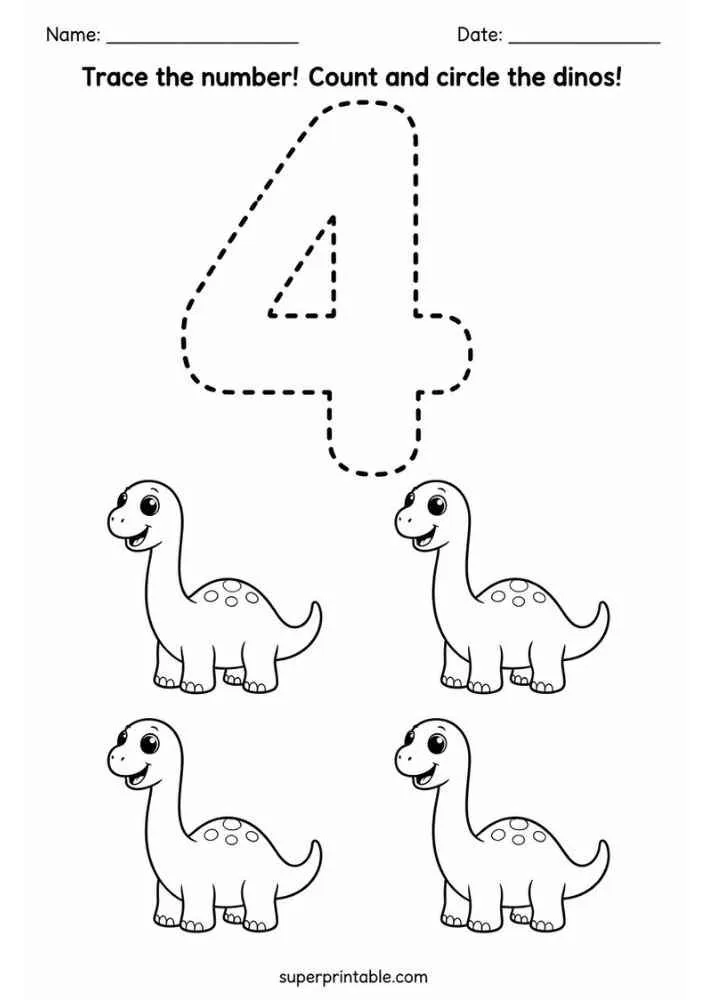 Number 4 tracing worksheet with four long neck dinosaurs, name and date lines, and counting instructions.