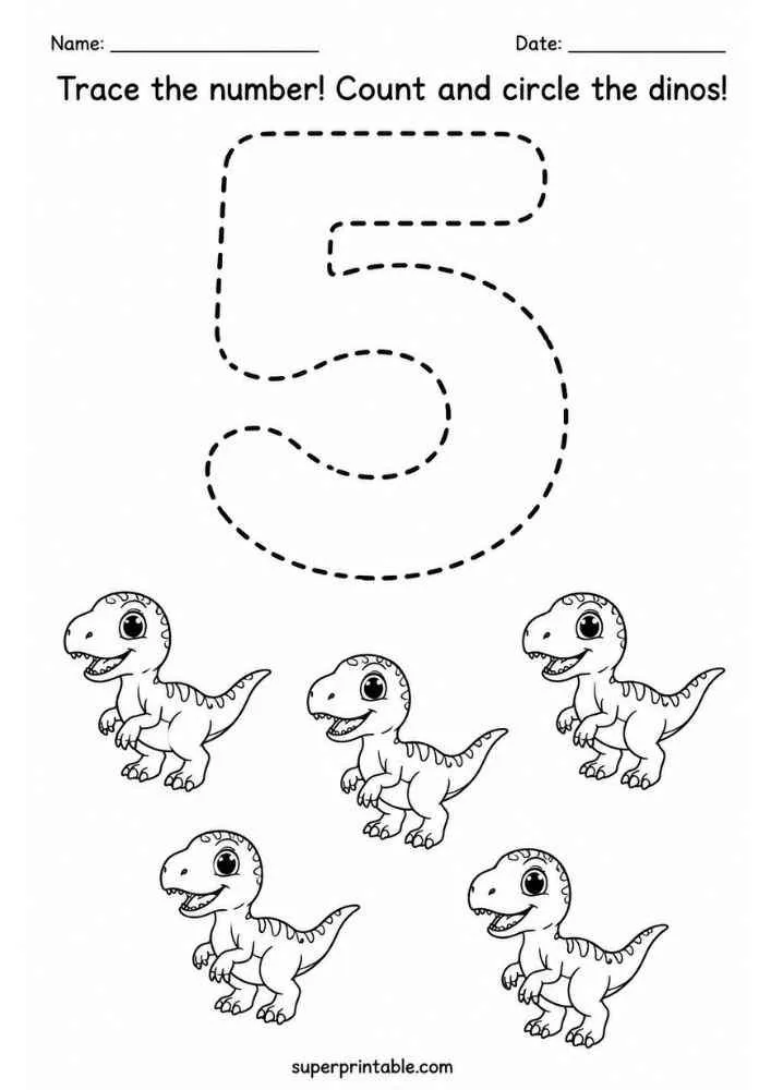 Number 5 tracing worksheet with five baby T-Rex dinosaurs, name and date lines, and counting instructions.