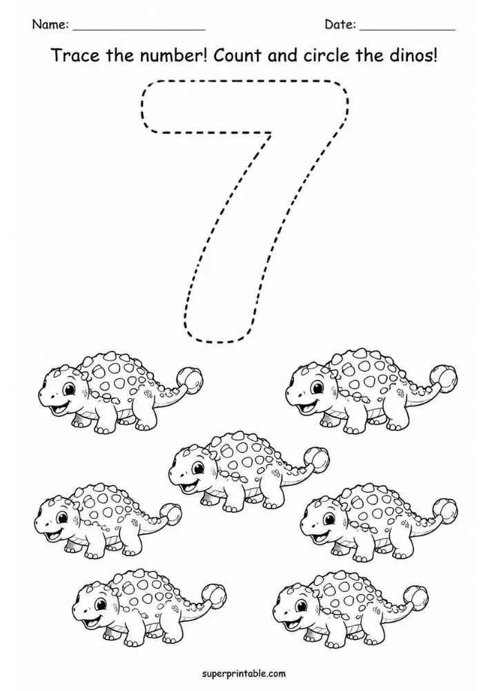 Number 7 tracing worksheet with seven Ankylosaurus dinosaurs, name and date lines, and counting instructions.