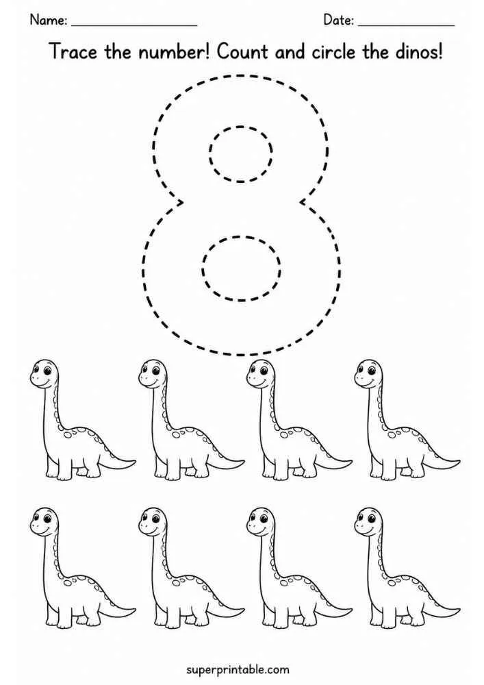 Number 8 tracing worksheet with eight long neck dinosaurs, name and date lines, and counting instructions.