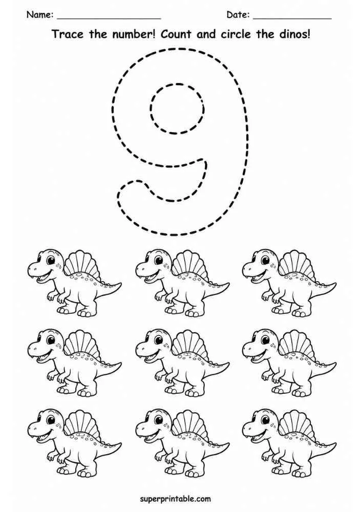 Number 9 tracing worksheet with nine Spinosaurus dinosaurs, name and date lines, and counting instructions.