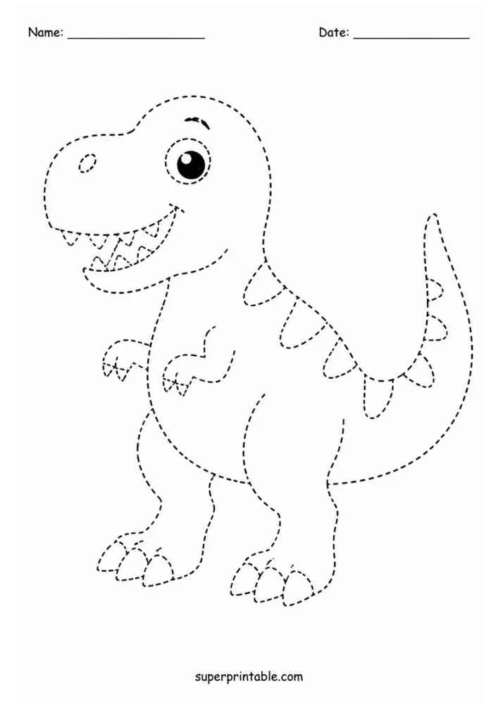 Dotted line tracing worksheet with a smiling T Rex dinosaur.