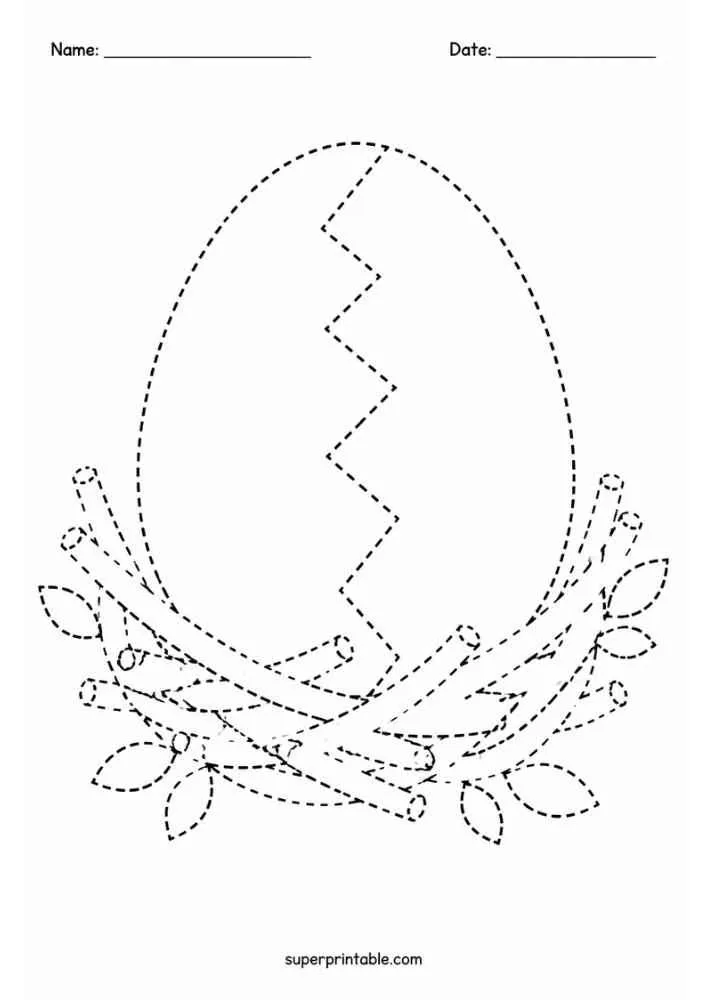 Dotted tracing worksheet with a cracked dinosaur egg in a nest.