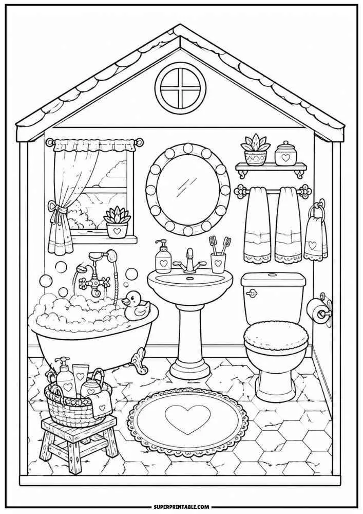 Dollhouse bathroom with bathtub, sink, toilet, towels, mirror, window, rug, plants, and heart decorations.