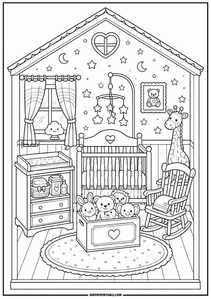 Nursery with crib, rocking chair, changing table, stuffed toys, baby mobile, and stars.