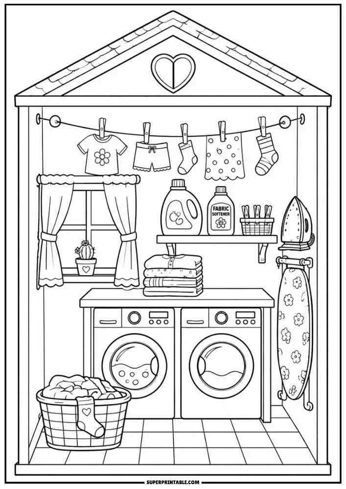 Laundry room with washers, towels, clothesline, ironing board, detergent, basket, and window.