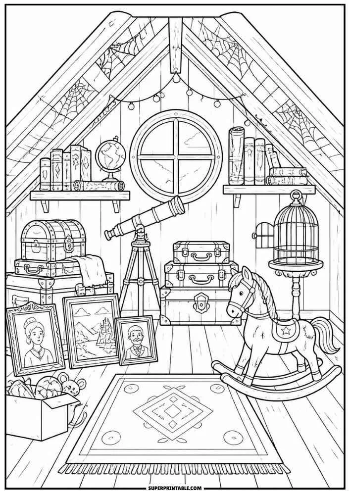 Attic with telescope, rocking horse, trunks, books, birdcage, window, and framed pictures.