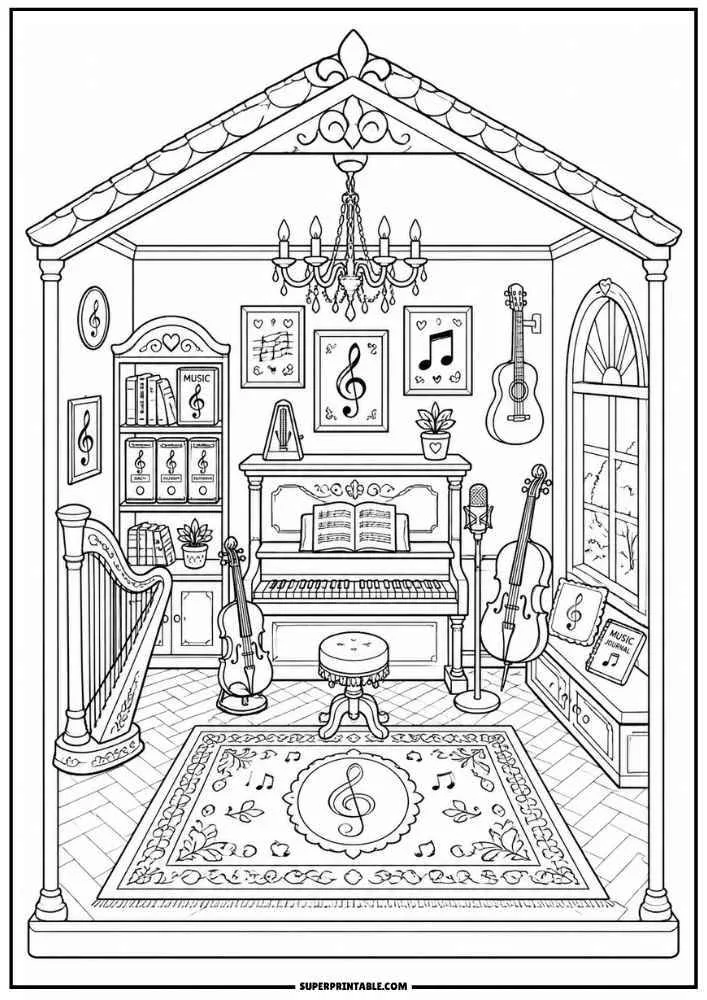 Music room with piano, harp, violin, cello, guitar, microphone, and music decorations.