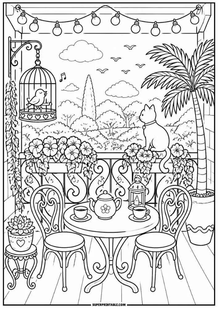 Balcony with tea table, chairs, birdcage, cat, flowers, lantern, palm tree, and garden view.