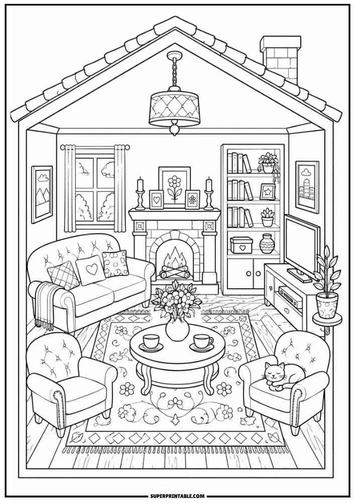 Dollhouse living room with fireplace, sofa, chairs, bookshelf, coffee table, TV, flowers, and a cat.