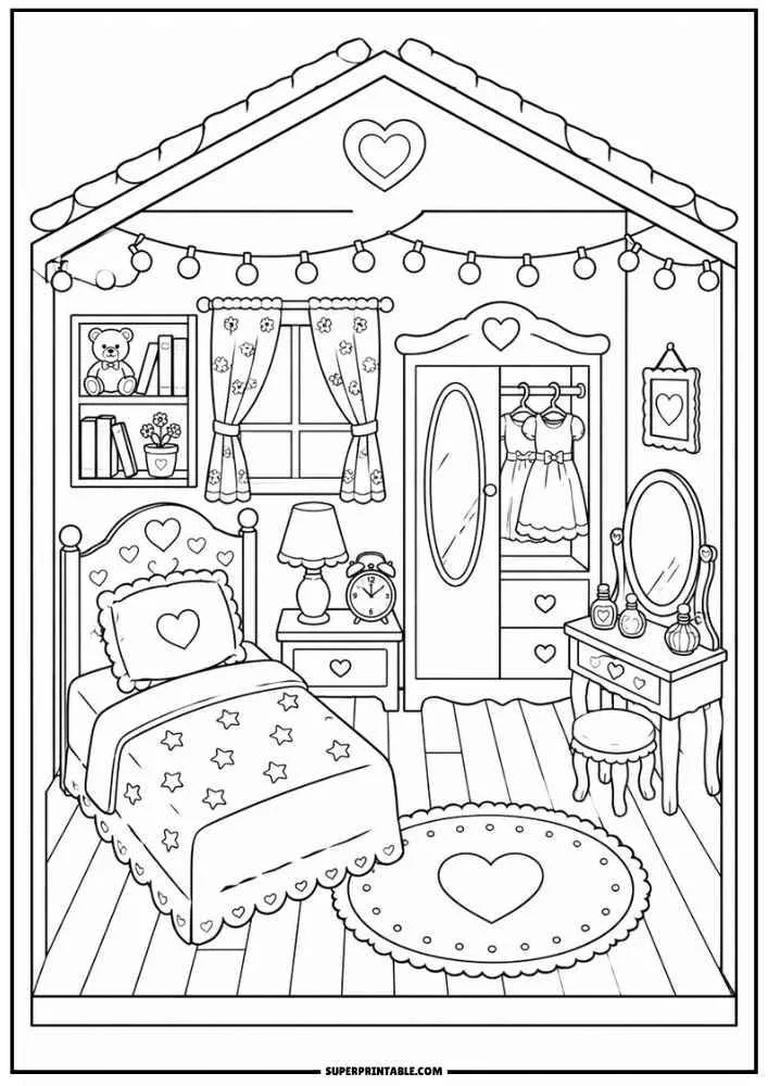 Dollhouse bedroom with bed, wardrobe, vanity table, nightstand, rug, fairy lights, and heart decor.