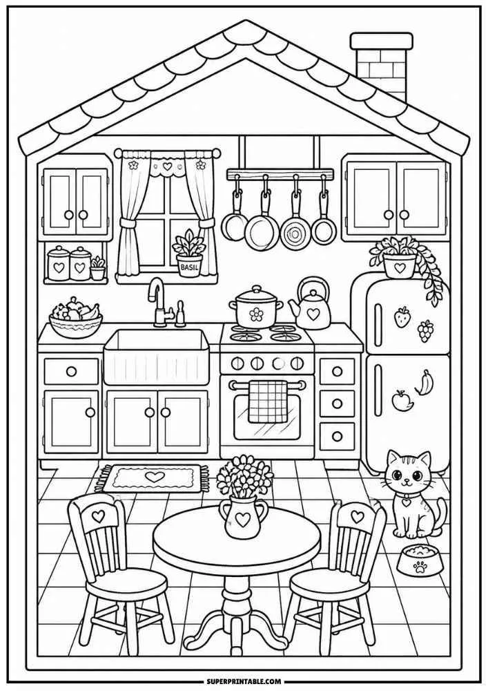 Dollhouse kitchen with stove, sink, fridge, table, chairs, cat, plants, and hanging pots.