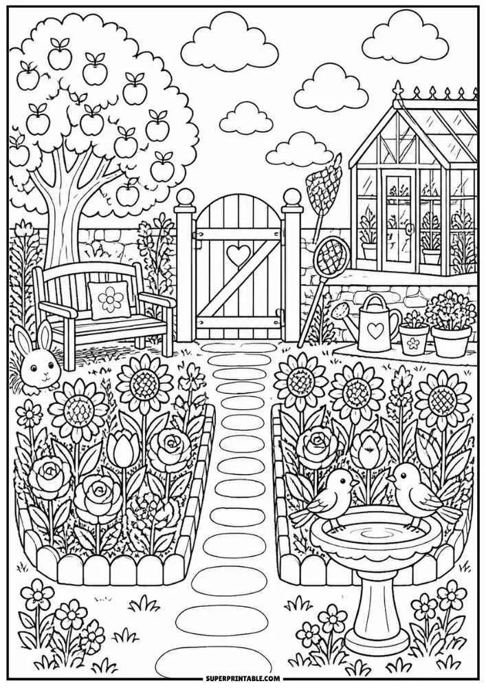Garden with flowers, apple tree, greenhouse, bench, birdbath, bunny, birds, and stone path.
