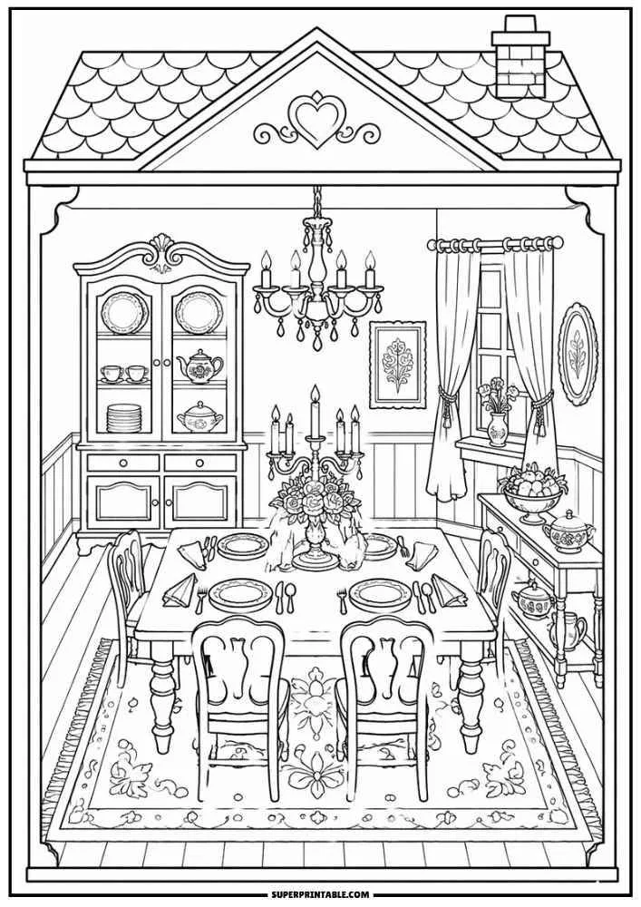 Dining room with table, chairs, chandelier, china cabinet, flowers, candles, and window.