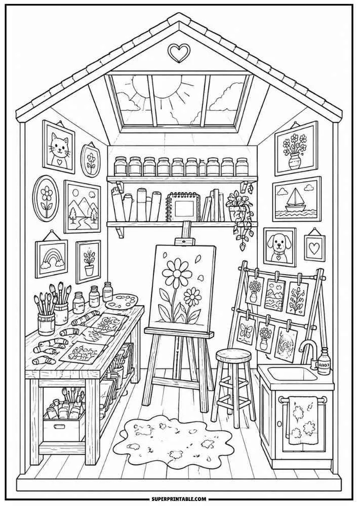 Art studio with easel, paints, brushes, shelves, sink, pictures, and art supplies.