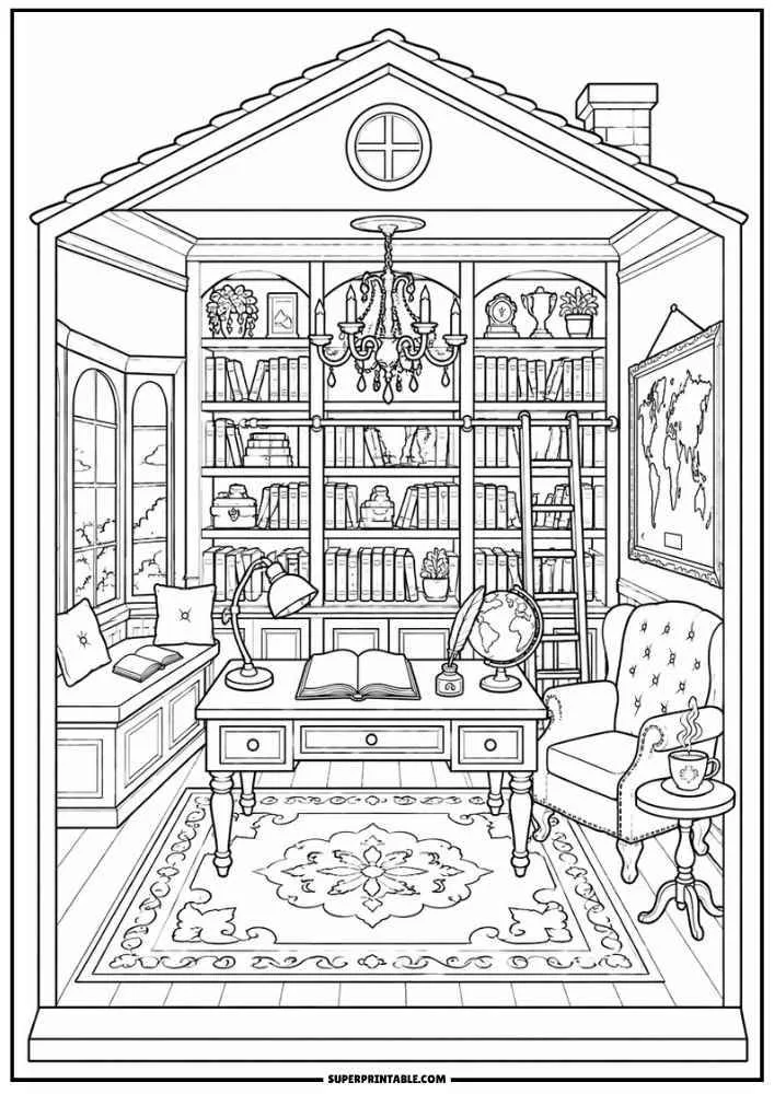 Library study with bookshelves, desk, globe, ladder, chair, chandelier, and large window.