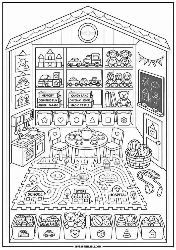 Playroom with toy shelves, play kitchen, tea table, chalkboard, storage bins, and play mat.