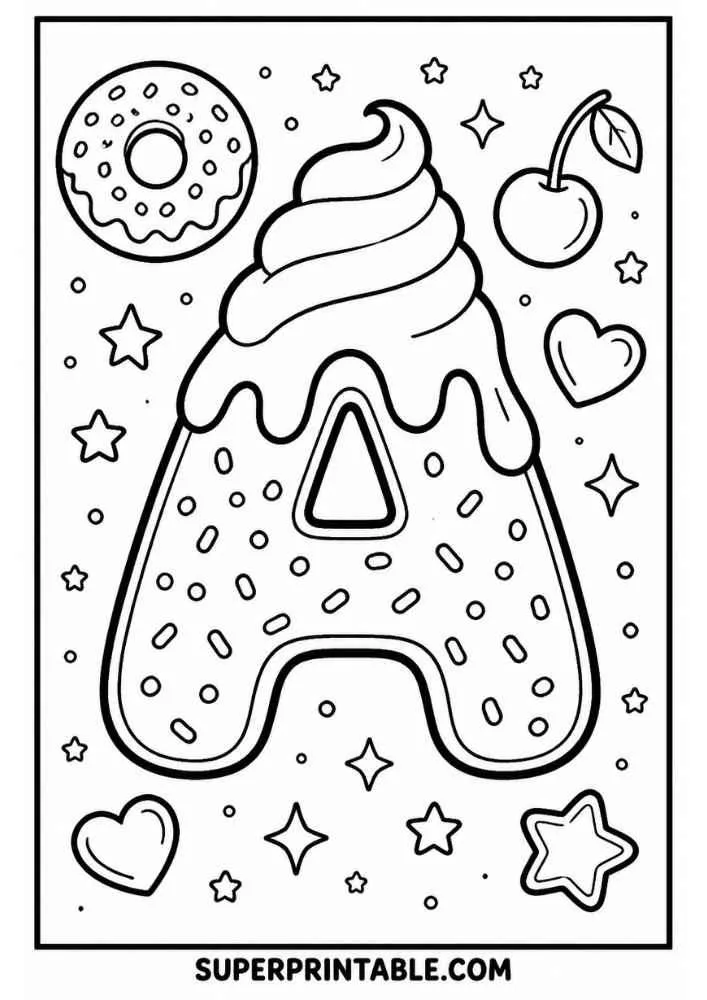 Letter A donut with frosting, donut, cherry, hearts, stars, and sprinkles.