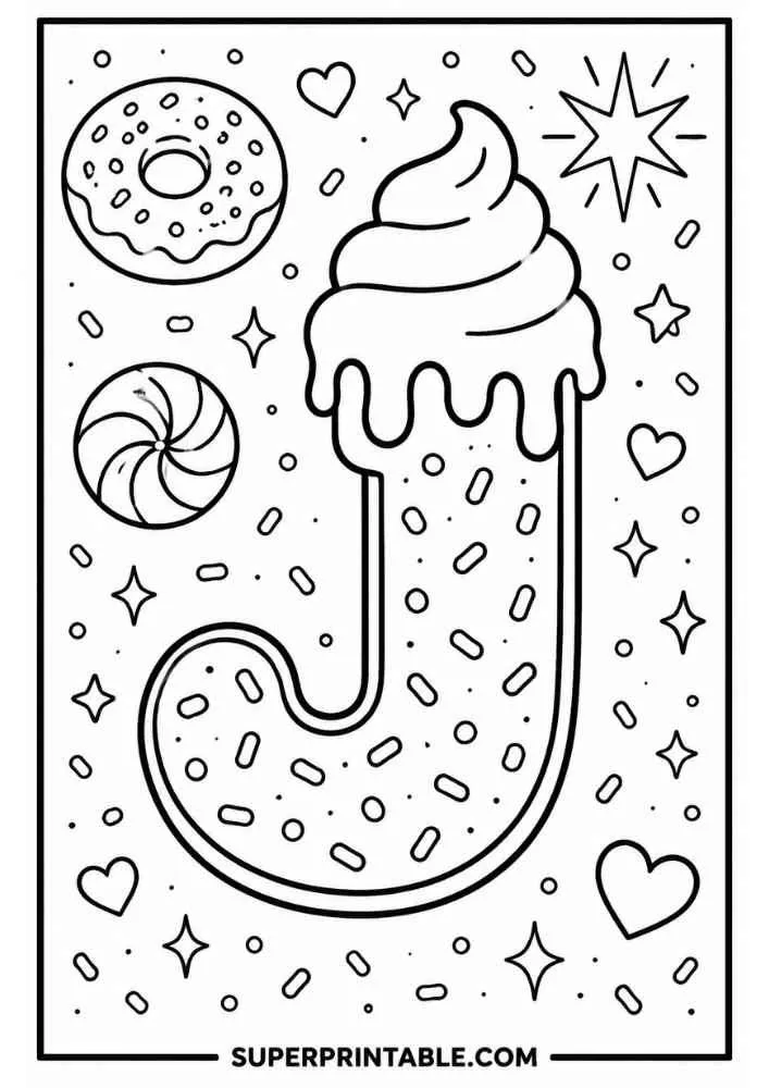 Letter J donut with donut, peppermint candy, hearts, stars, and sprinkles.