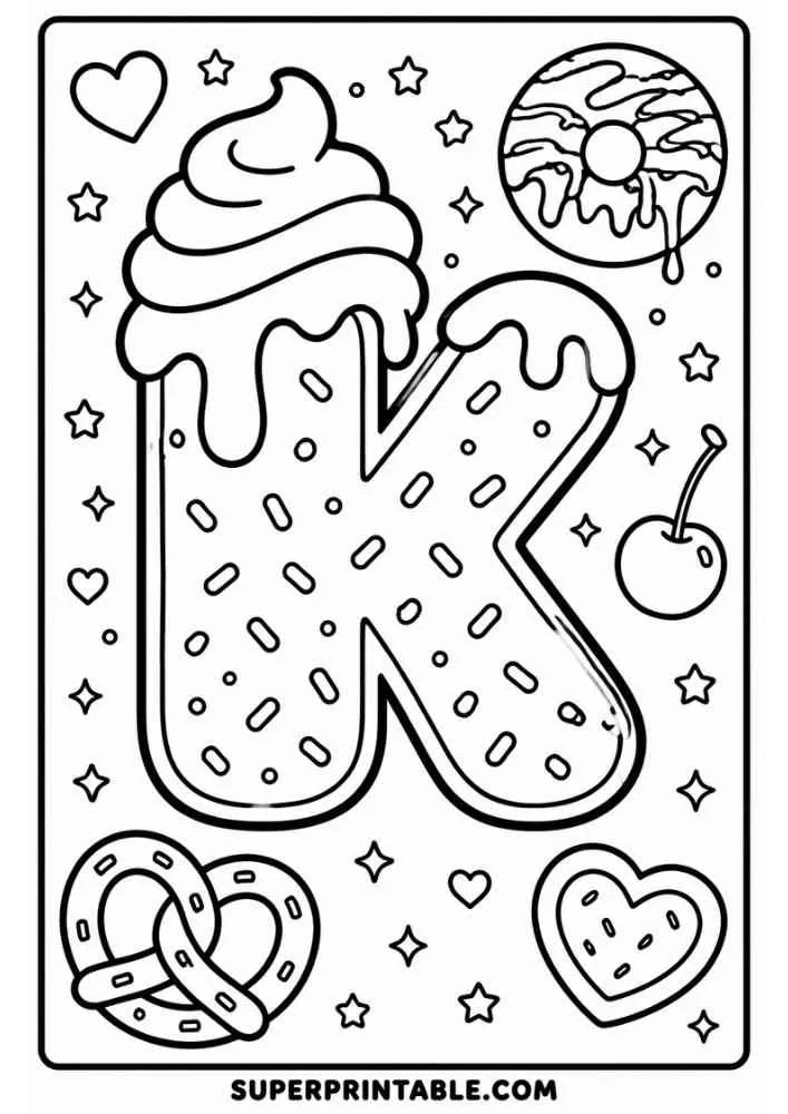 Letter K donut with pretzel, donut, cherry, heart cookie, stars, and sprinkles.