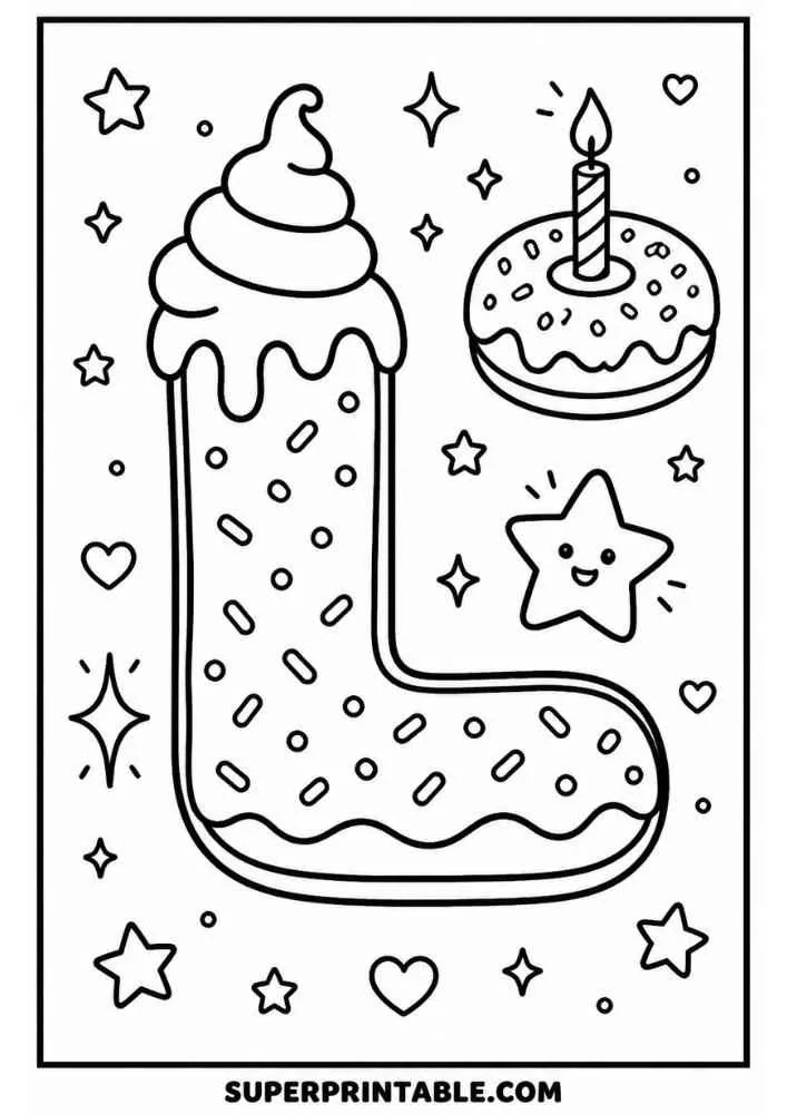 Letter L donut with birthday donut, smiling star, hearts, stars, and sprinkles.