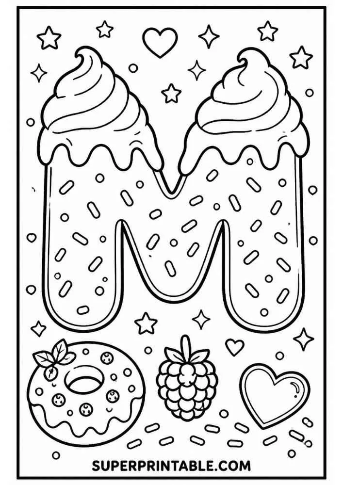 Letter M donut with berry donut, raspberry, hearts, stars, and sprinkles.