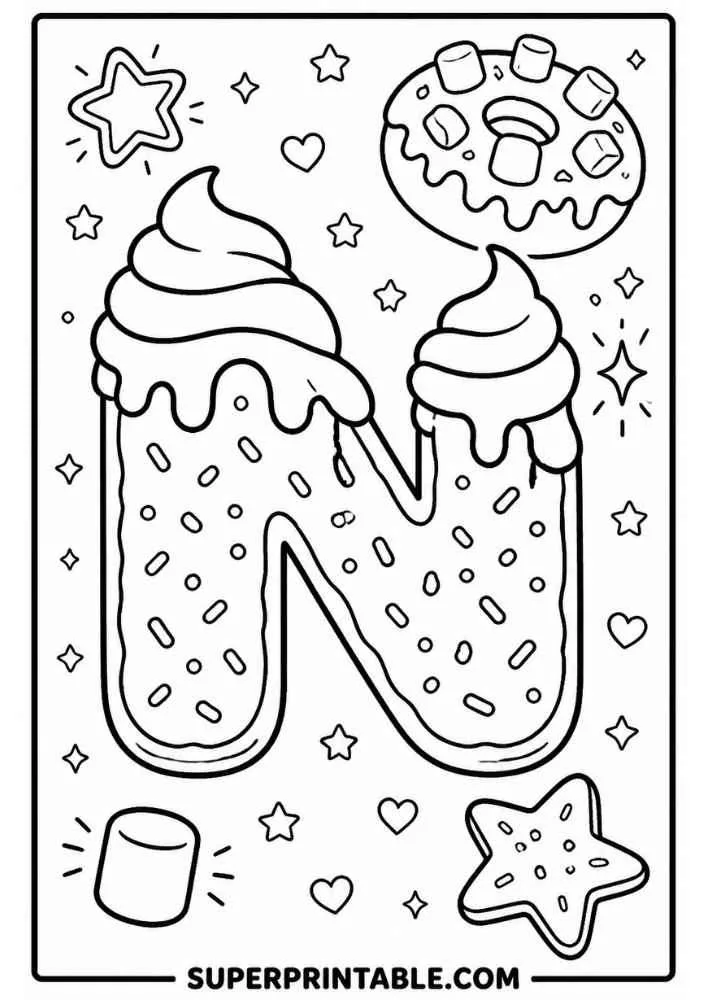 Letter N donut with marshmallow donut, marshmallow, hearts, stars, and sprinkles.