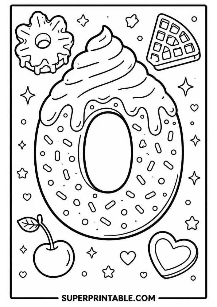 Letter O donut with donut, waffle slice, cherry, hearts, stars, and sprinkles.