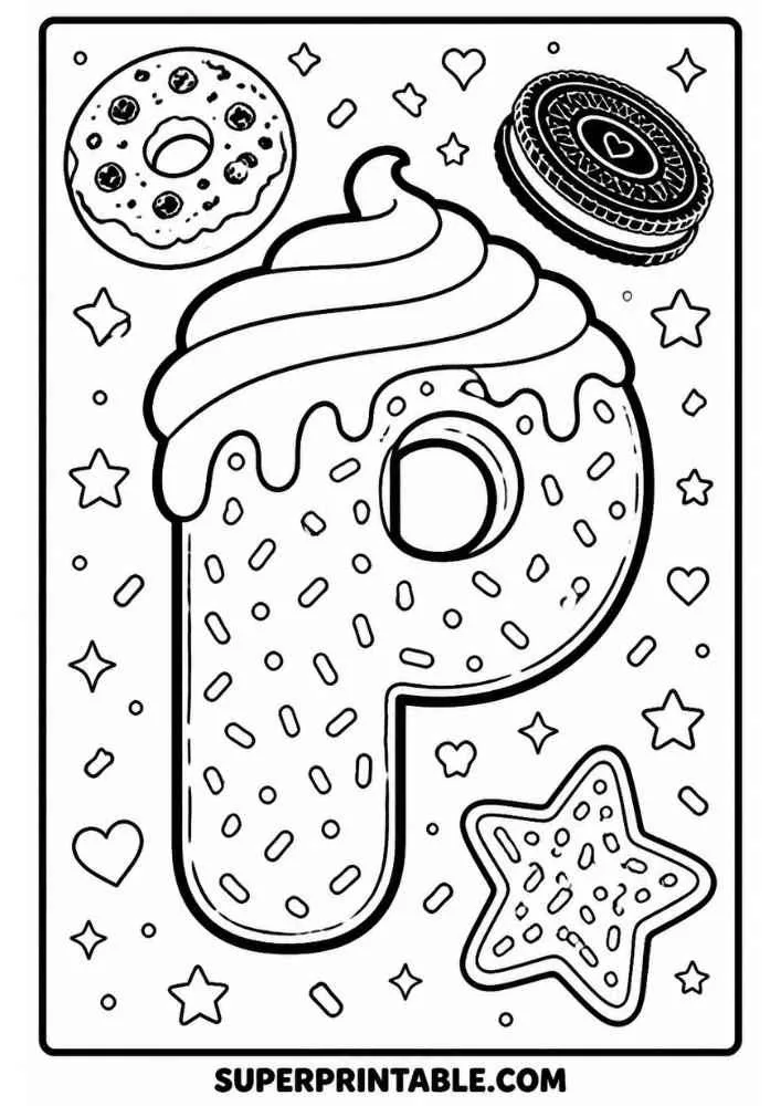 Letter P donut with donut, sandwich cookie, star cookie, hearts, stars, and sprinkles.