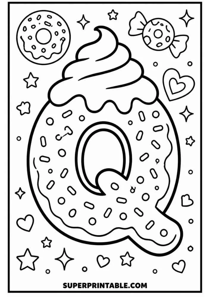 Letter Q donut with donut, wrapped candy, hearts, stars, and sprinkles.