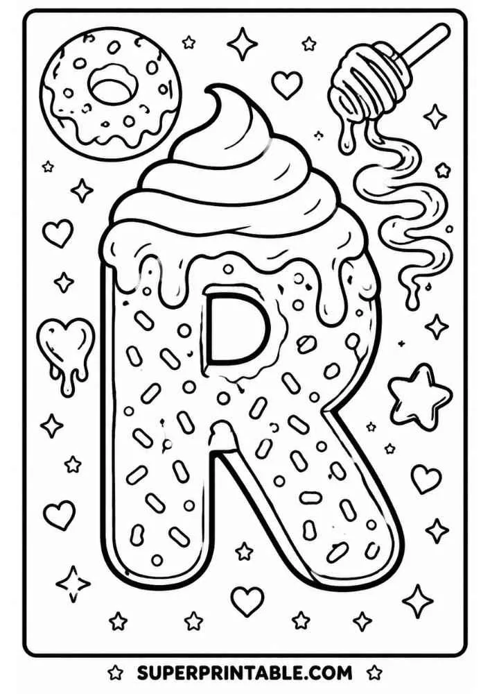 Letter R donut with donut, honey dipper, hearts, stars, and sprinkles.