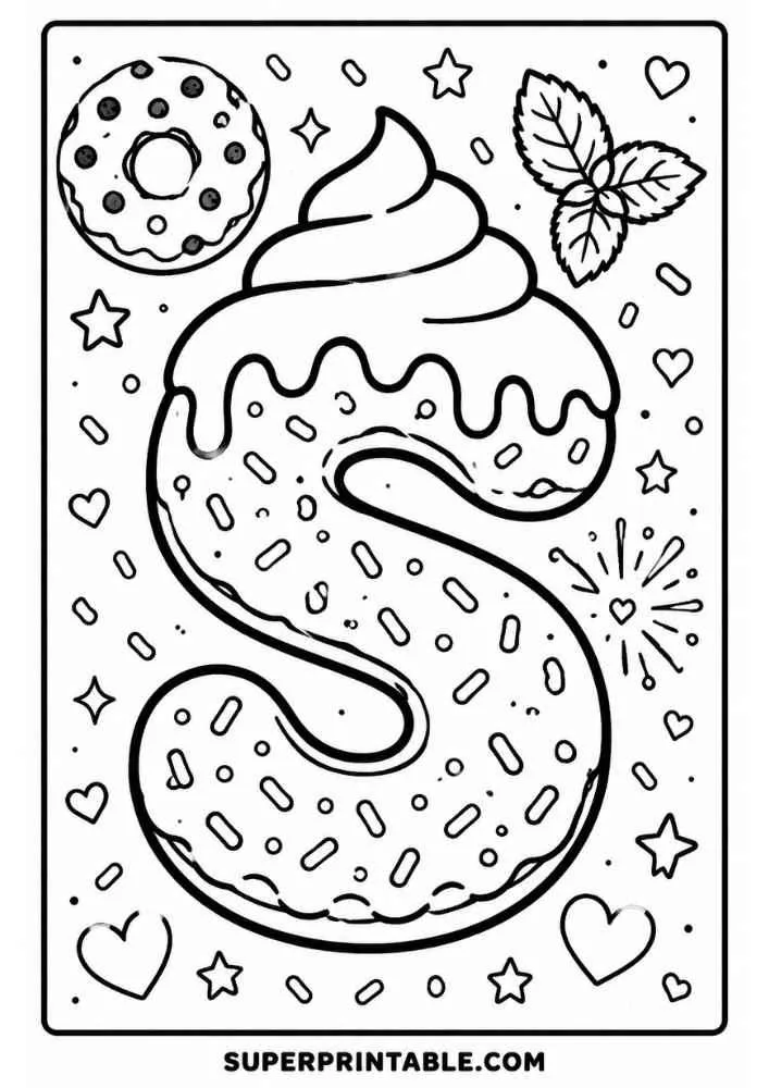 Letter S donut with donut, mint leaves, hearts, stars, and sprinkles.