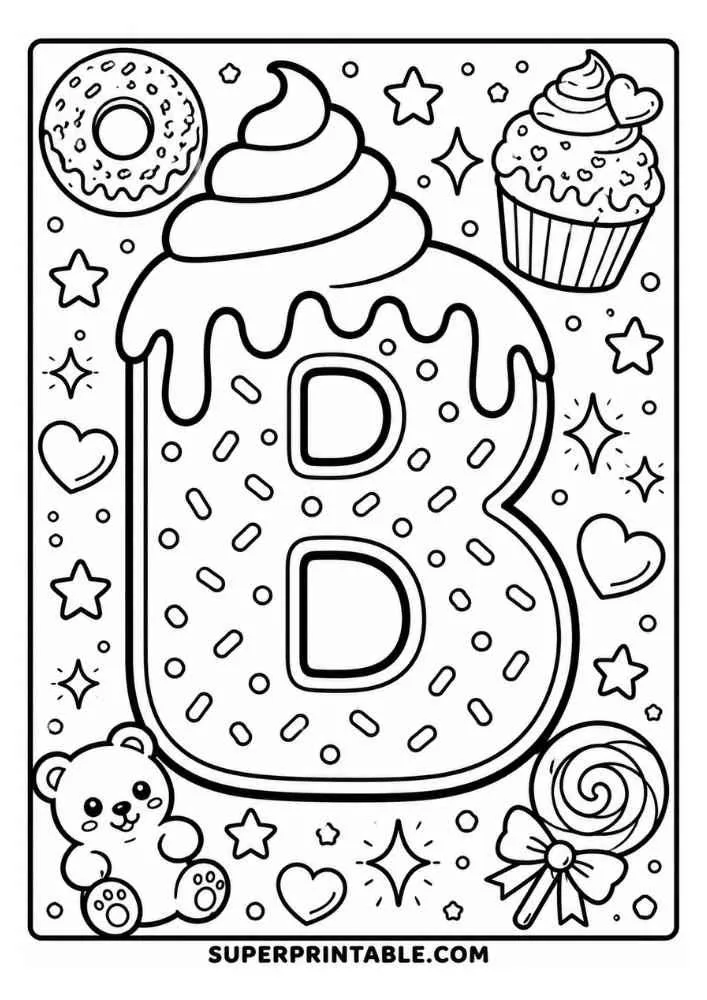 Letter B donut with cupcake, teddy bear, donut, lollipop, hearts, stars, and sprinkles.