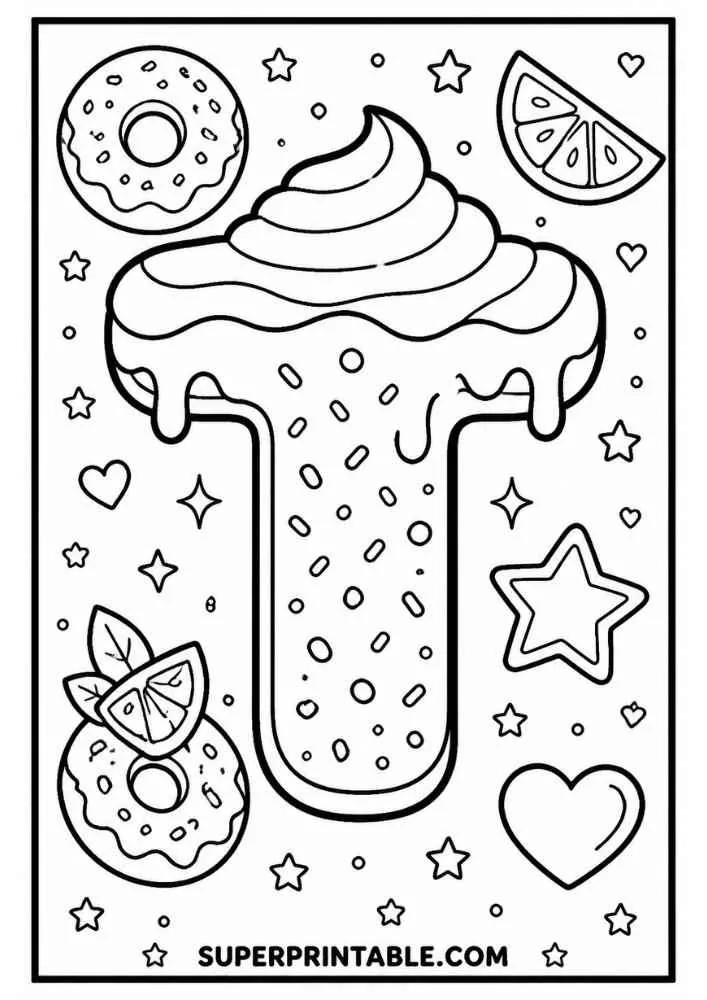 Letter T donut with donuts, citrus slices, hearts, stars, and sprinkles.