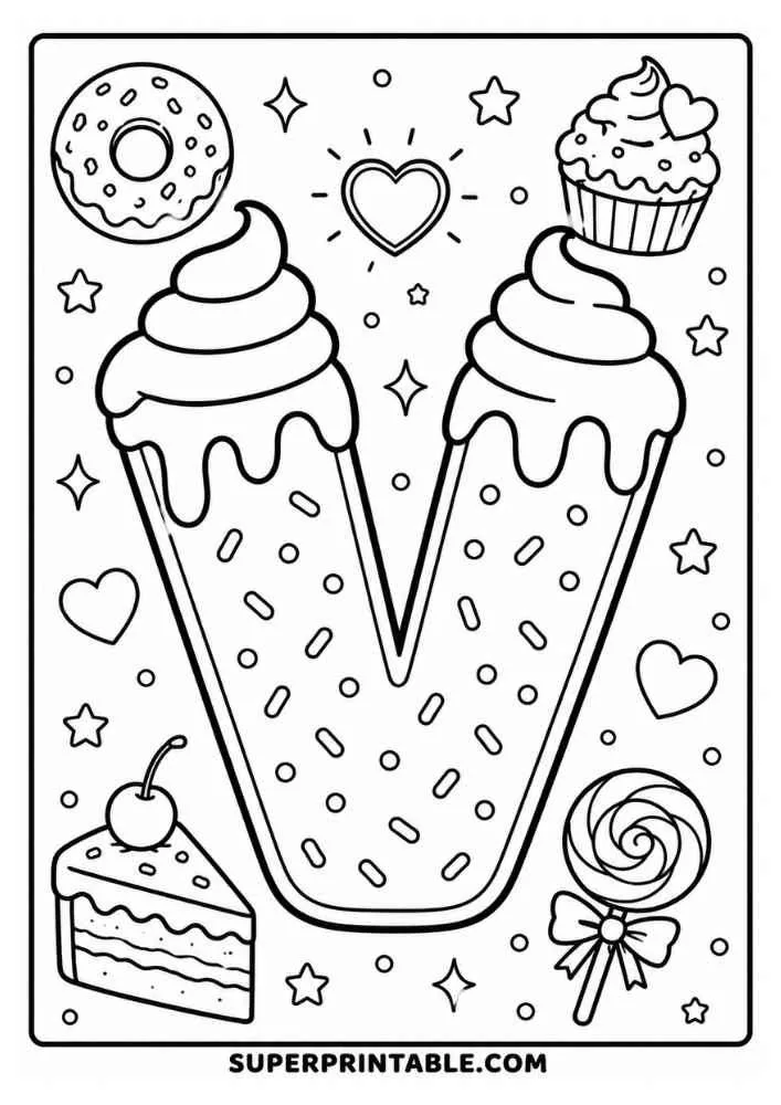 Letter V donut with donut, cupcake, cake slice, lollipop, hearts, and stars.