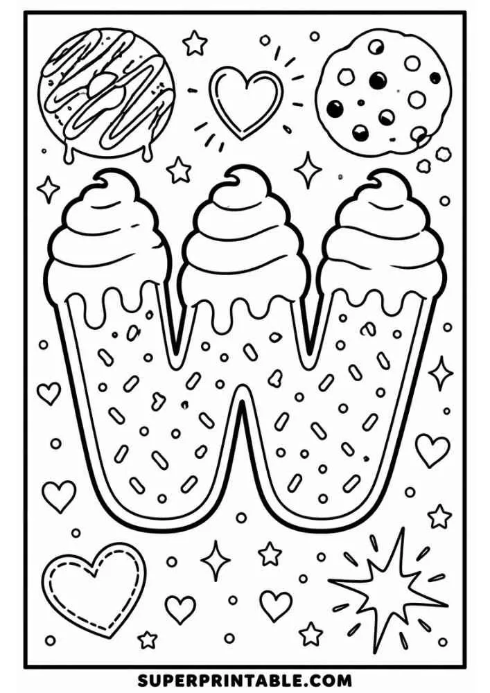 Letter W donut with cookies, hearts, stars, and sprinkles.