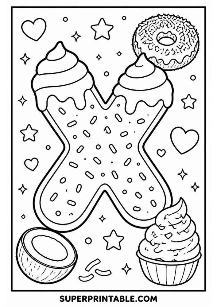 Letter X donut with donut, cupcake, coconut, hearts, stars, and sprinkles.