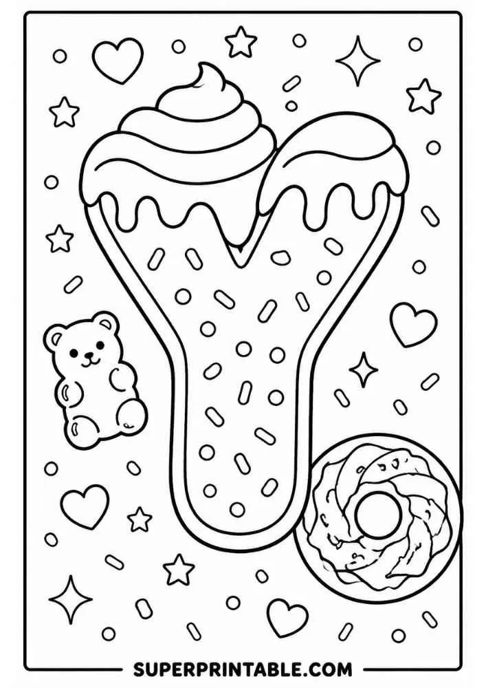 Letter Y donut with teddy bear, donut, hearts, stars, and sprinkles.