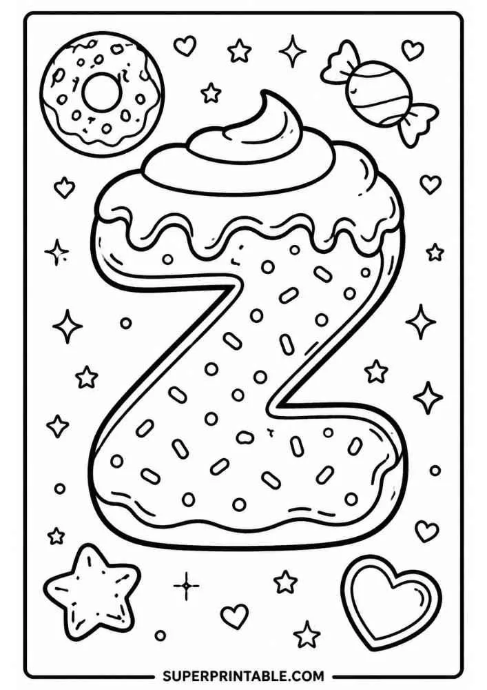 Letter Z donut with donut, wrapped candy, hearts, stars, and sprinkles.