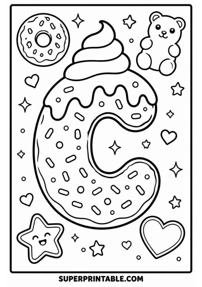 Letter C donut with donut, teddy bear, smiling star, hearts, and sprinkles.