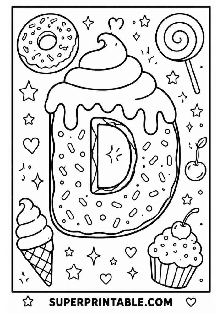 Letter D donut with cupcake, ice cream, donut, cherry, lollipop, hearts, and stars.
