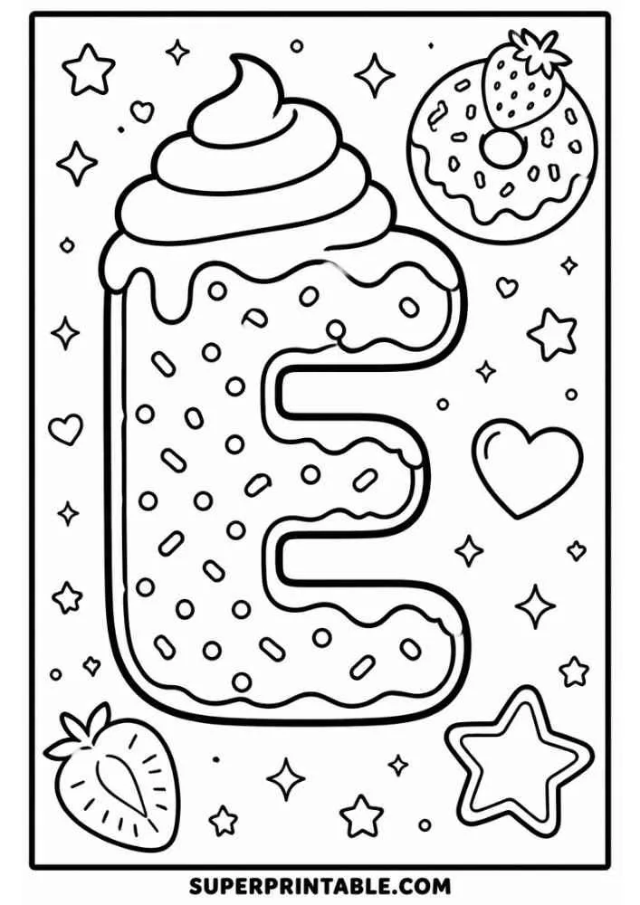 Letter E donut with strawberry donut, strawberry, hearts, stars, and sprinkles.