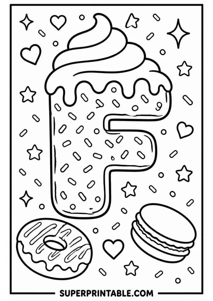 Letter F donut with donut, macaron, hearts, stars, and sprinkles.