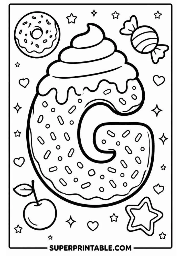 Letter G donut with donut, candy, cherry, hearts, stars, and sprinkles.