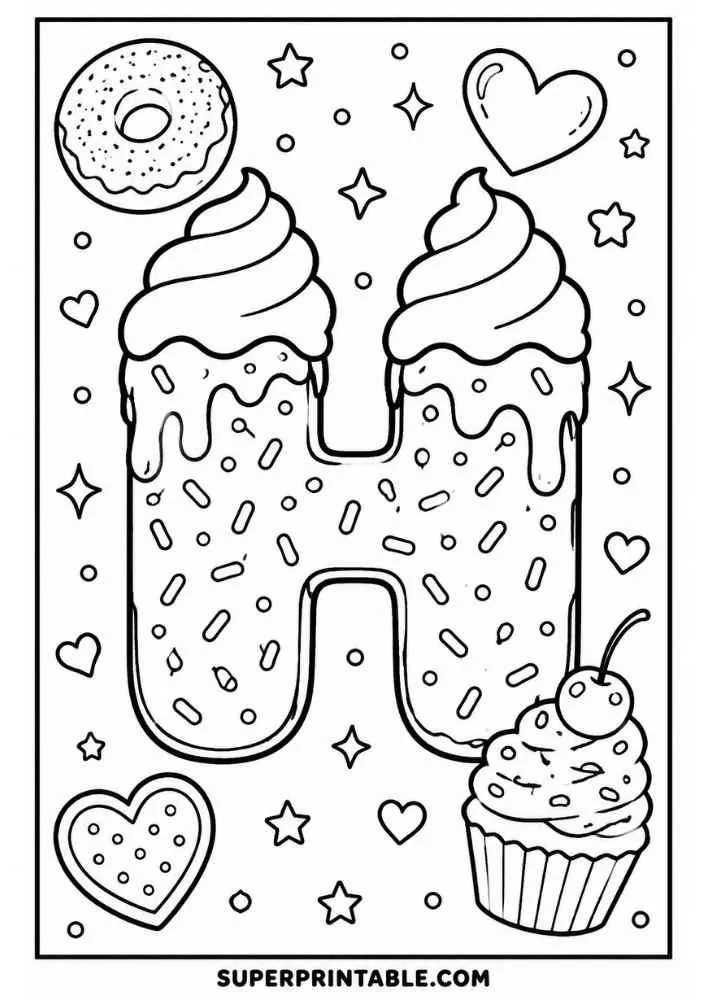 Letter H donut with cupcake, donut, hearts, stars, and sprinkles.